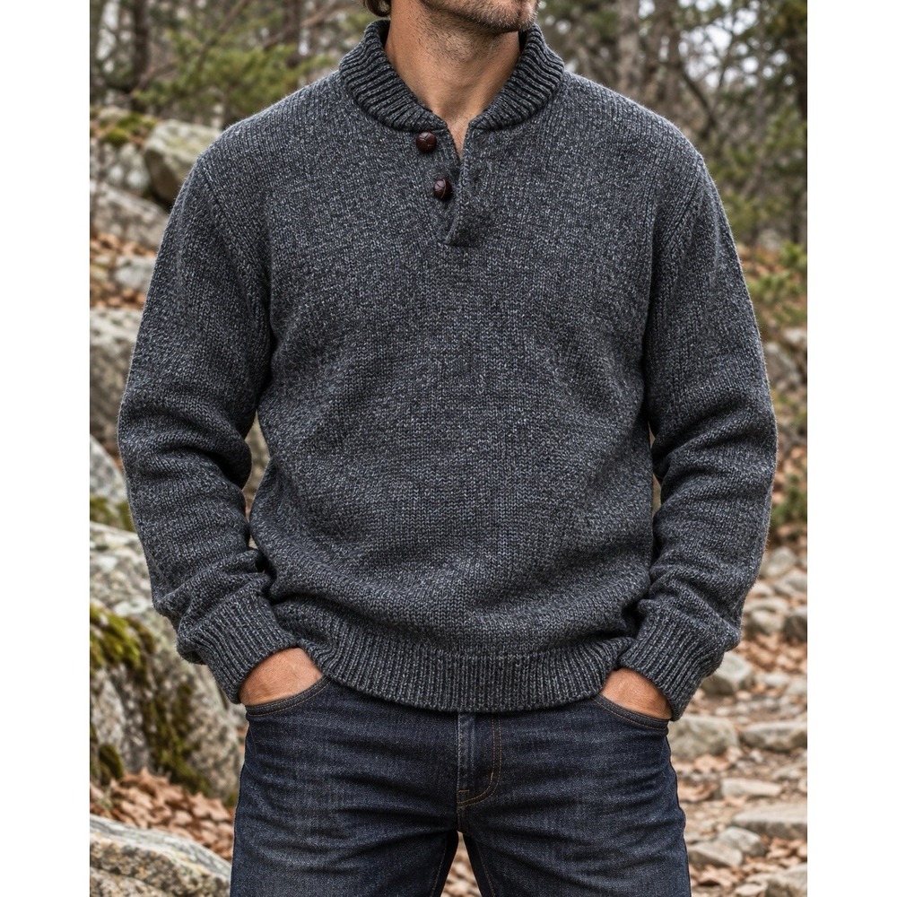 L.L. Bean Men's Large Gray 100% Lambswool 2-Button Pullover Sweater